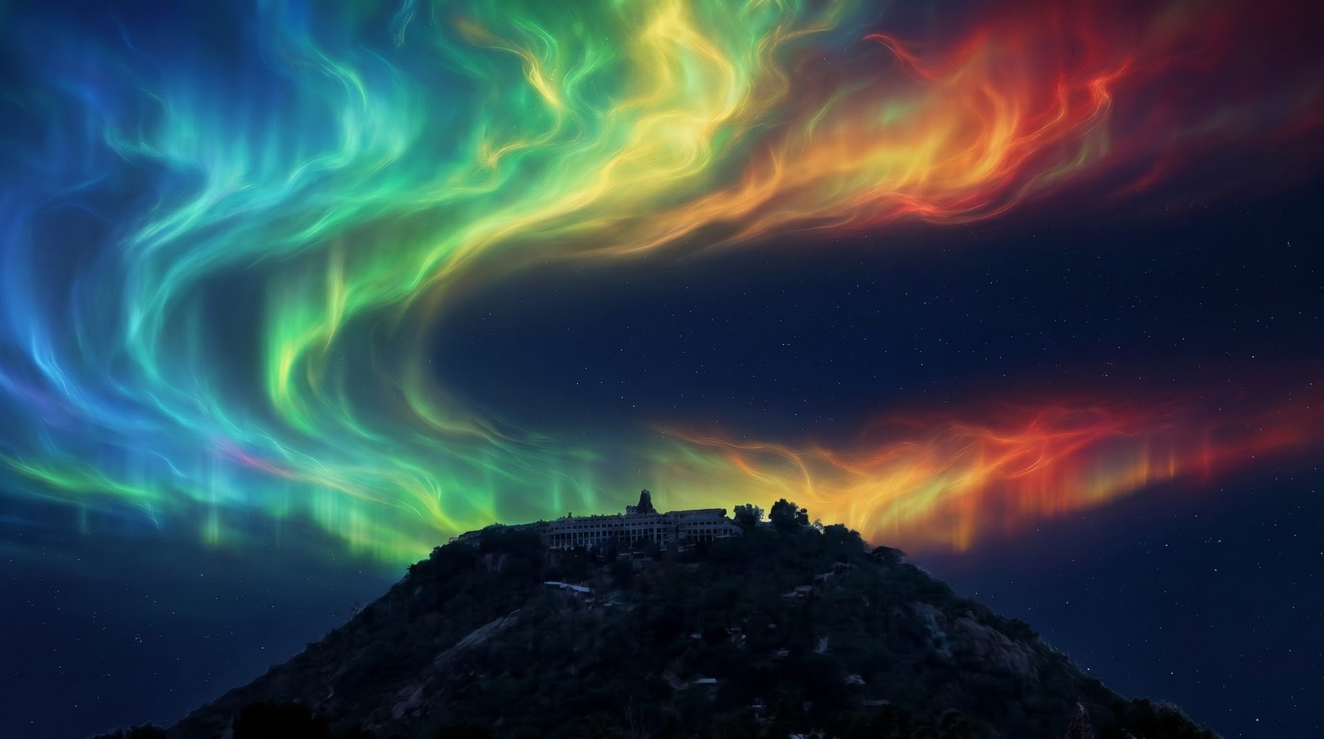 Palani hill under an aurora in the Aurora Studios colours